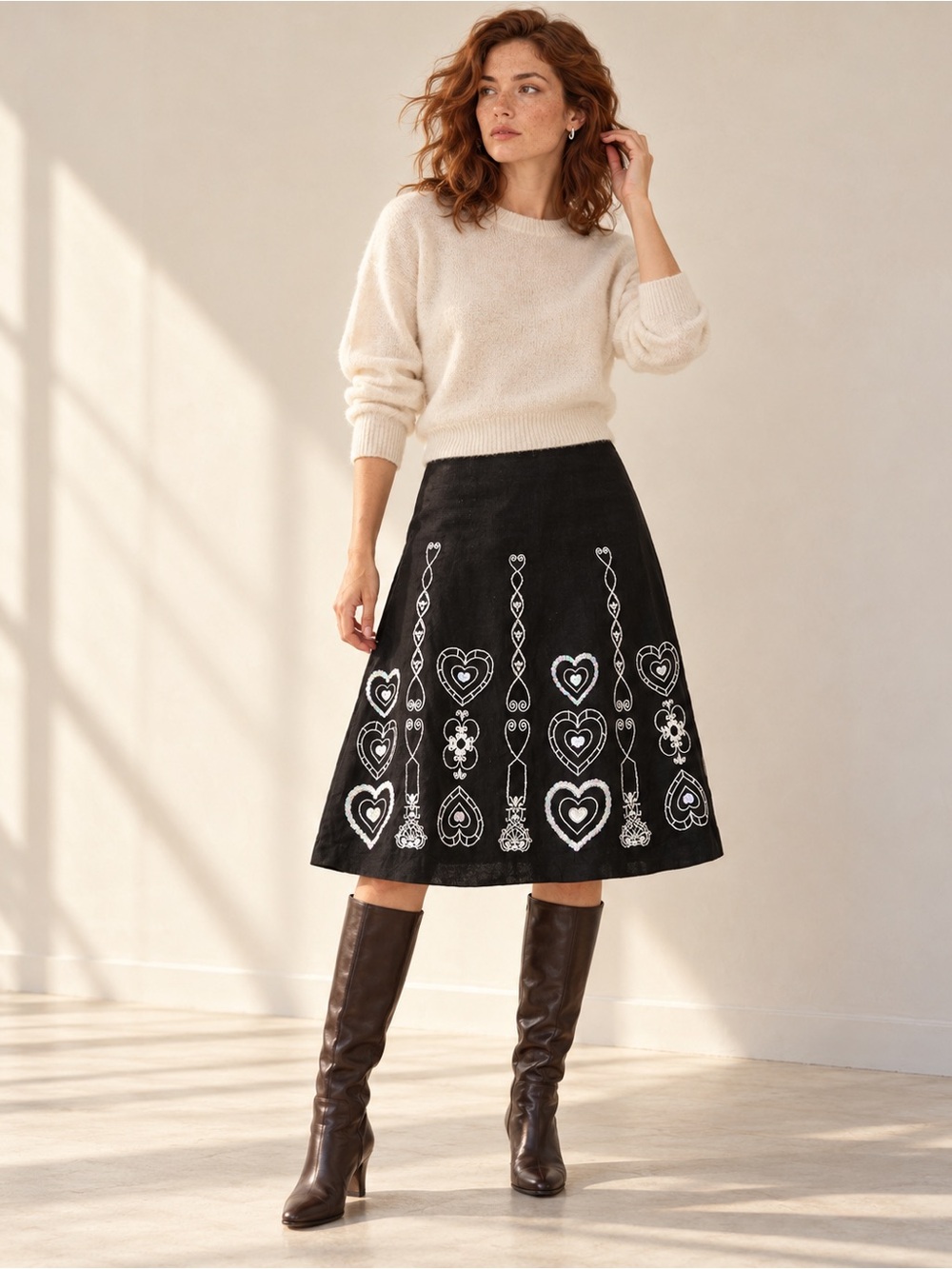 Vintage Y2K Linen Blend Sequin Embroidered Heart Skirt Statement Sz 6